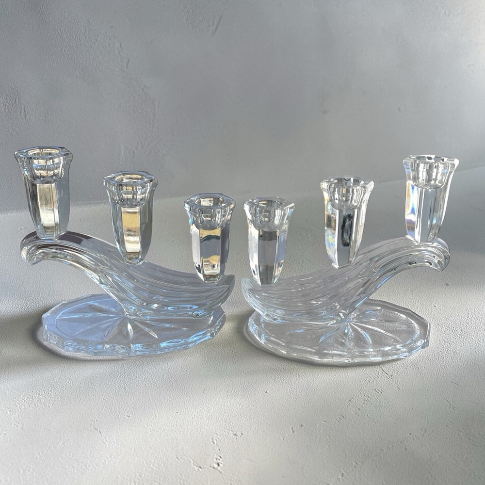 Buder Bleikristall Candelabras, set of 2, graceful 3 arm wave, crystal, vintage